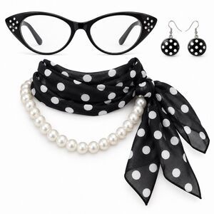 50s Costume Accessories Set Cat Eye Glasses Pearls Scarf Earrings Black